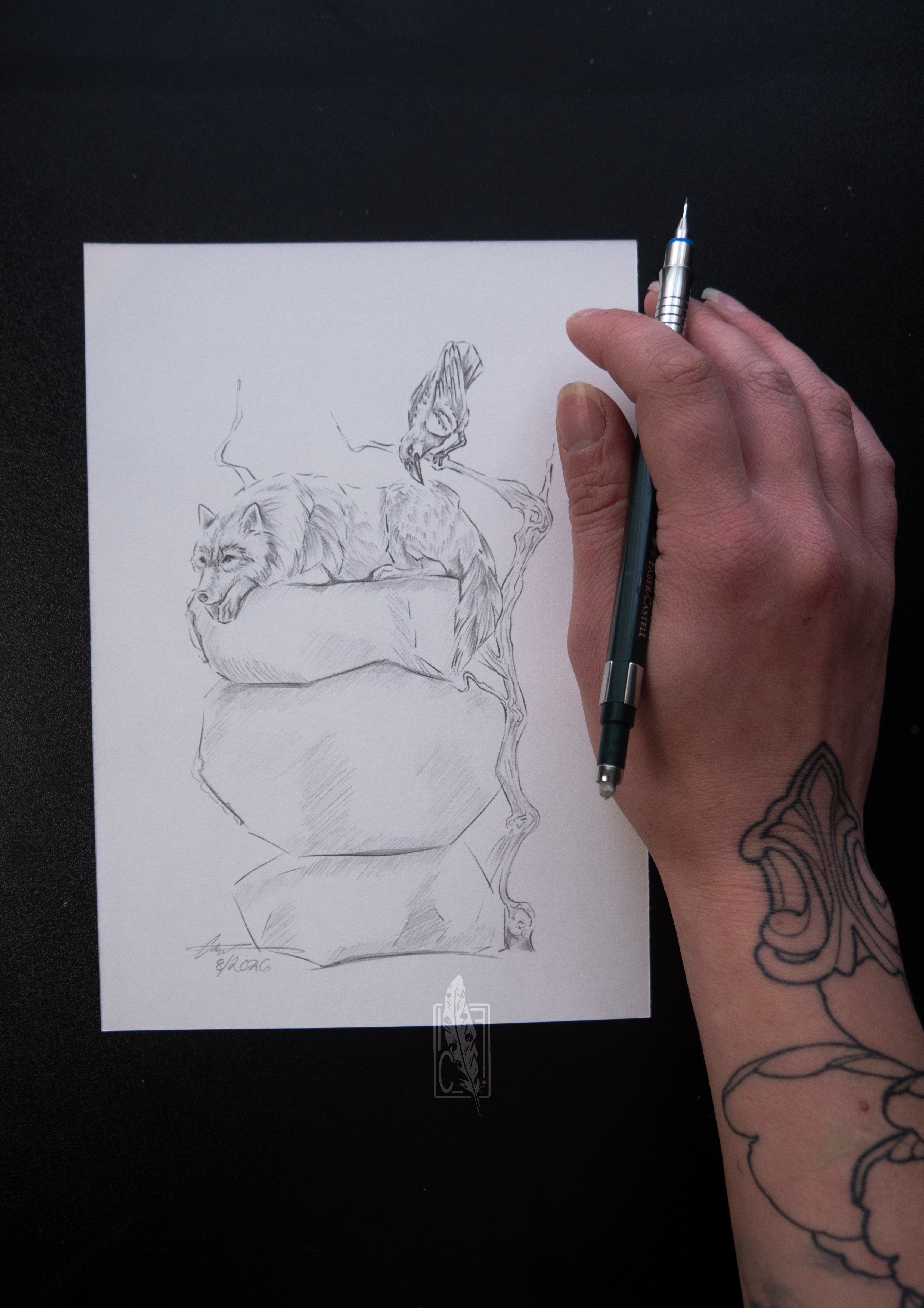 Wolf with raven sketch